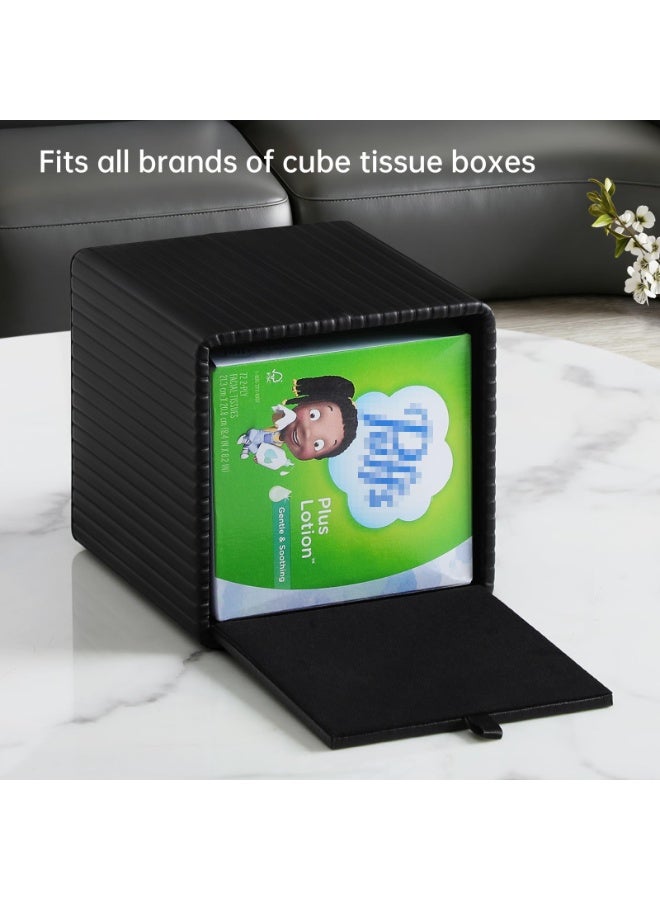 jaexest Square PU Leather Tissue Box Cover Magnetic Bottom Tissue Holder Stylish Waterproof Tissue Storage Case for Bathroom Bedroom Office Home Black Striped - Image 4