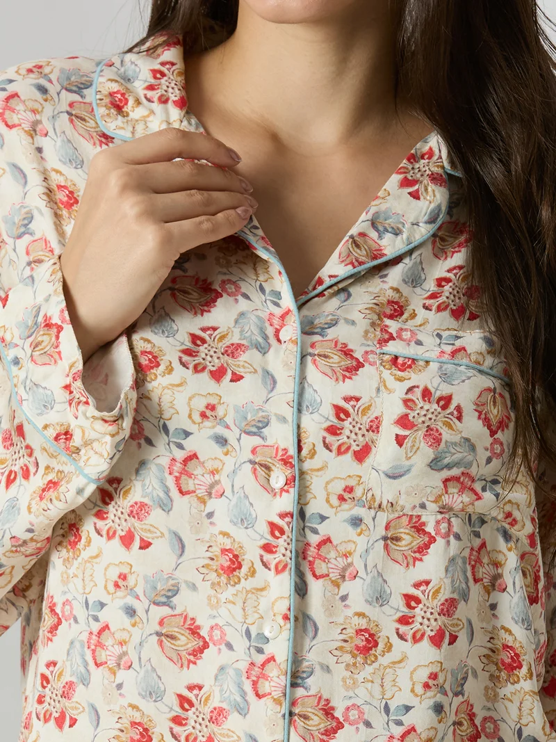 AMMARZO Women’s Full-Sleeve Modal Satin Night Shirt – Garden Bloom