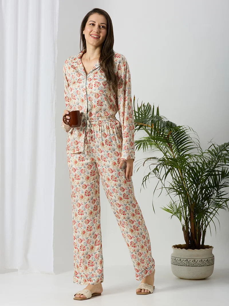 AMMARZO Women’s Full-Sleeve Modal Satin Night Shirt – Garden Bloom
