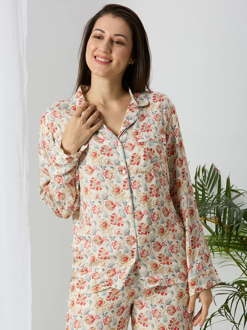 AMMARZO Women’s Full-Sleeve Modal Satin Night Shirt – Garden Bloom
