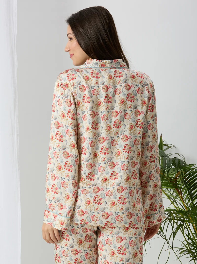 AMMARZO Women’s Full-Sleeve Modal Satin Night Shirt – Garden Bloom