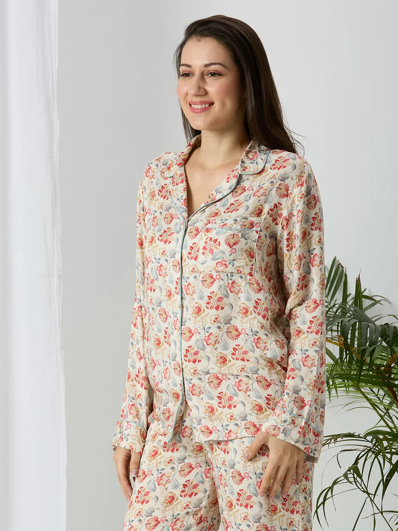 AMMARZO Women’s Full-Sleeve Modal Satin Night Shirt – Garden Bloom