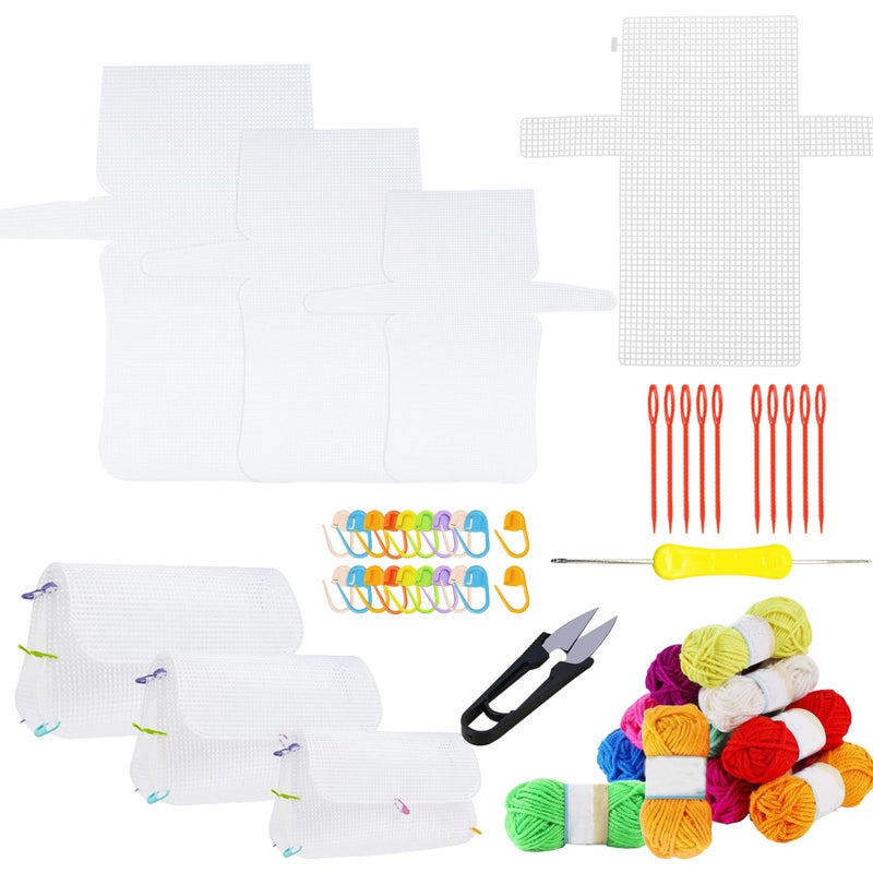 Allazone 58 PCS Clear Plastic Mesh Canvas Sheets for Embroidery Plastic Canvas Kit with 12 Color Acrylic Yarn Adult Embroidery Kit