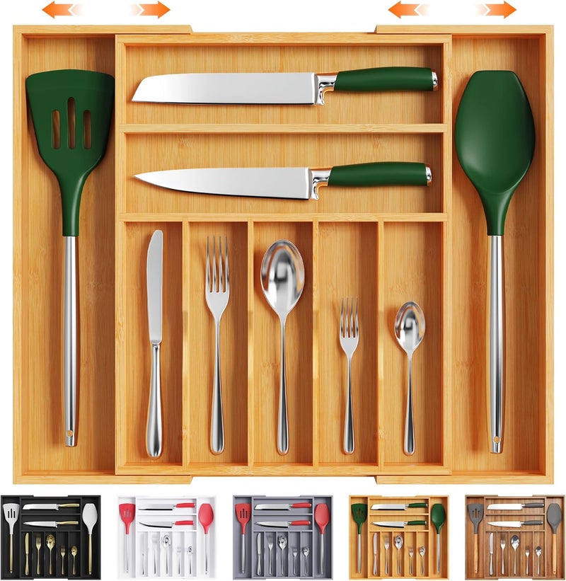 Bellsal Large Premium Bamboo Silverware Organizer  Expandable Utensil Drawer Organizer  17x196 Utensil Holder and Cutlery Tray with Grooved for Kitchen Flatware and Utensils Mothers Day Gift - Image 1
