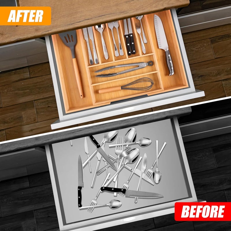 Bellsal Large Premium Bamboo Silverware Organizer  Expandable Utensil Drawer Organizer  17x196 Utensil Holder and Cutlery Tray with Grooved for Kitchen Flatware and Utensils Mothers Day Gift - Image 3