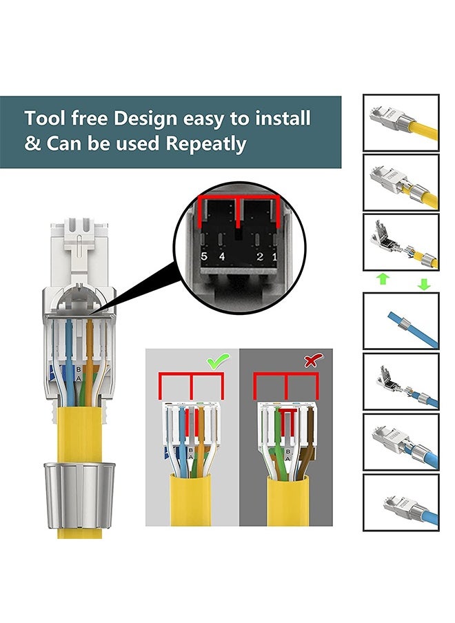 RJ45 Cat6A Connectors, Tool-Free Reusable Shielded Ethernet Termination Plugs for 23AWG SFTP UTP Cable, 10G Easy Internet Plug, Fast Field Installation (4 Pack)