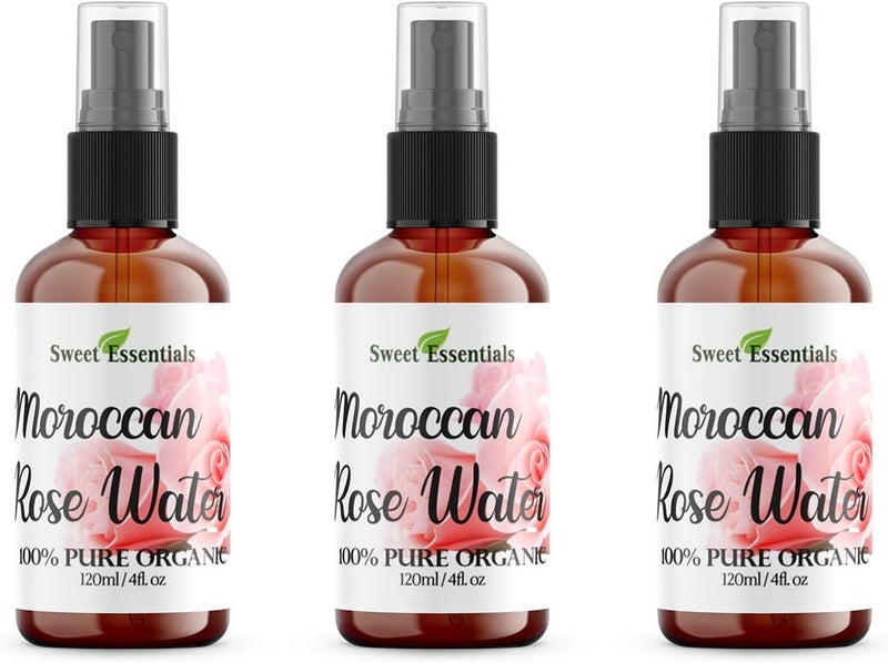 Sweet Essentials Pack of 3 Premium Organic Moroccan Rose Water  4oz WSprayer  Imported From Morocco  100 Pure Food Grade No Oils or Alcohol  Rich in Vitamin A  C Perfect for Hydrating  Rejuvenating Your Skin 