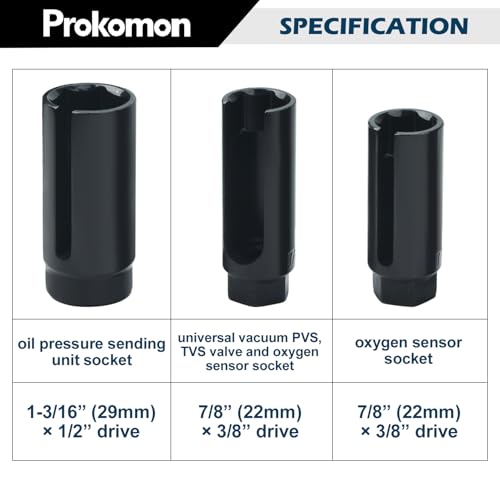 Prokomon 10 Pieces Oxygen Sensor Socket Set; Oxygen o2 Sensor Wrench Removal Tool; Oil Pressure Sensor Socket Set 1/2in and 3/8in Sq Drive - Image 2