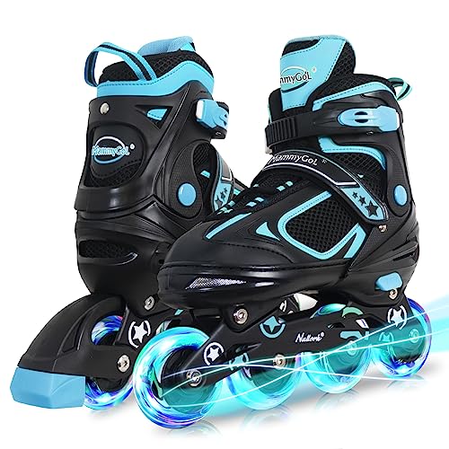 MammyGol Adjustable Inline Skates for Boys Girls Kids Youth with Light up Wheels, Teal Beginner Blades Roller Skates for Boys Size 1 2 3 4 Ages 6-12 - Image 1