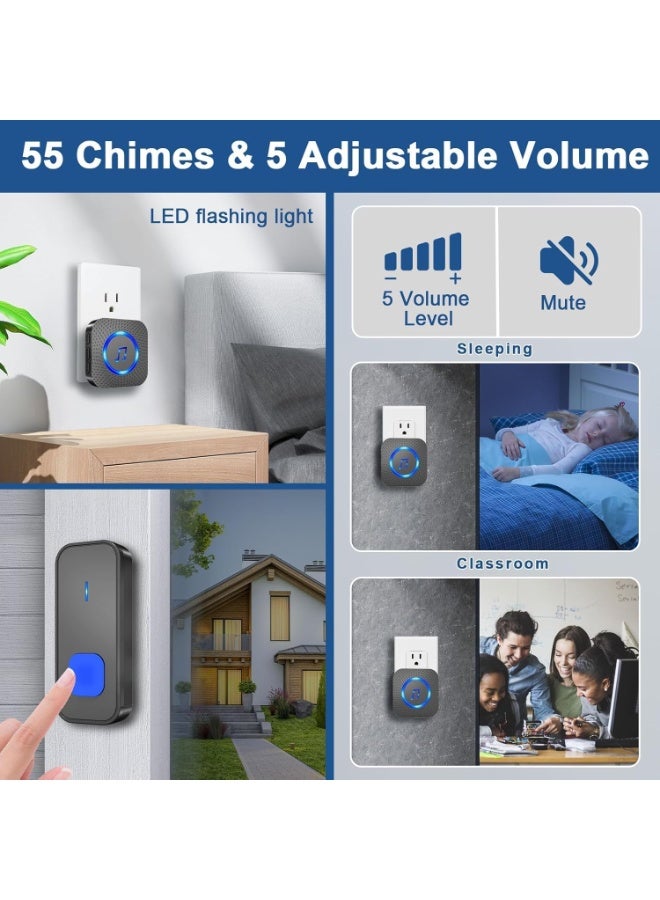 Relex Waterproof Ip55 Wireless Doorbell, Wireless Ring Bell 1300 Ft/400M Remote Doorbell, 55 Chimes 5 Volume, Colorful Led Flashing, 110 Db Loud Volume (1receiver + 1Buttons) - Image 5