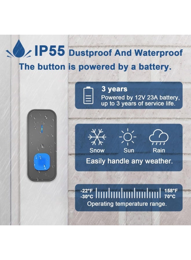 Relex Waterproof Ip55 Wireless Doorbell, Wireless Ring Bell 1300 Ft/400M Remote Doorbell, 55 Chimes 5 Volume, Colorful Led Flashing, 110 Db Loud Volume (1receiver + 1Buttons) - Image 4