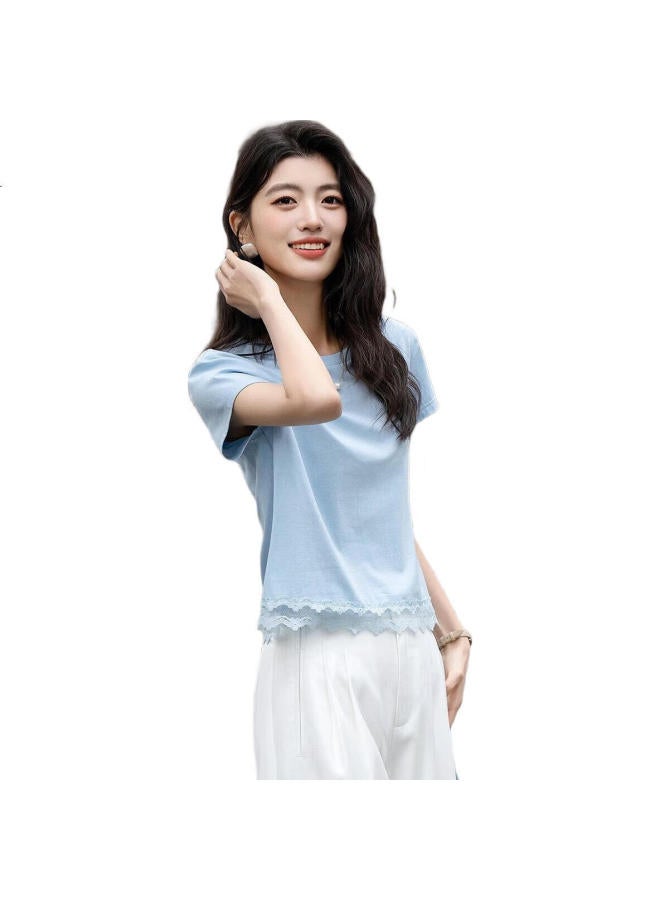 dme Elastic 180G Cotton Ammonia】Summer Round Neck Lace Bottoming Shirt Short Sleeve Loose Comfortable Women'S T-Shirt - Image 3