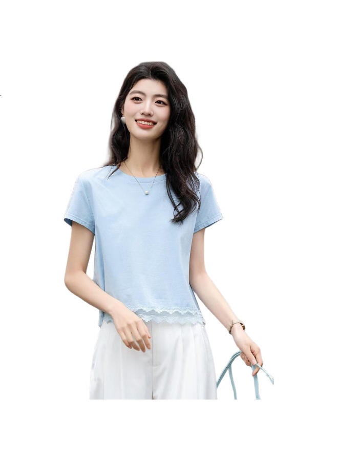 dme Elastic 180G Cotton Ammonia】Summer Round Neck Lace Bottoming Shirt Short Sleeve Loose Comfortable Women'S T-Shirt - Image 1