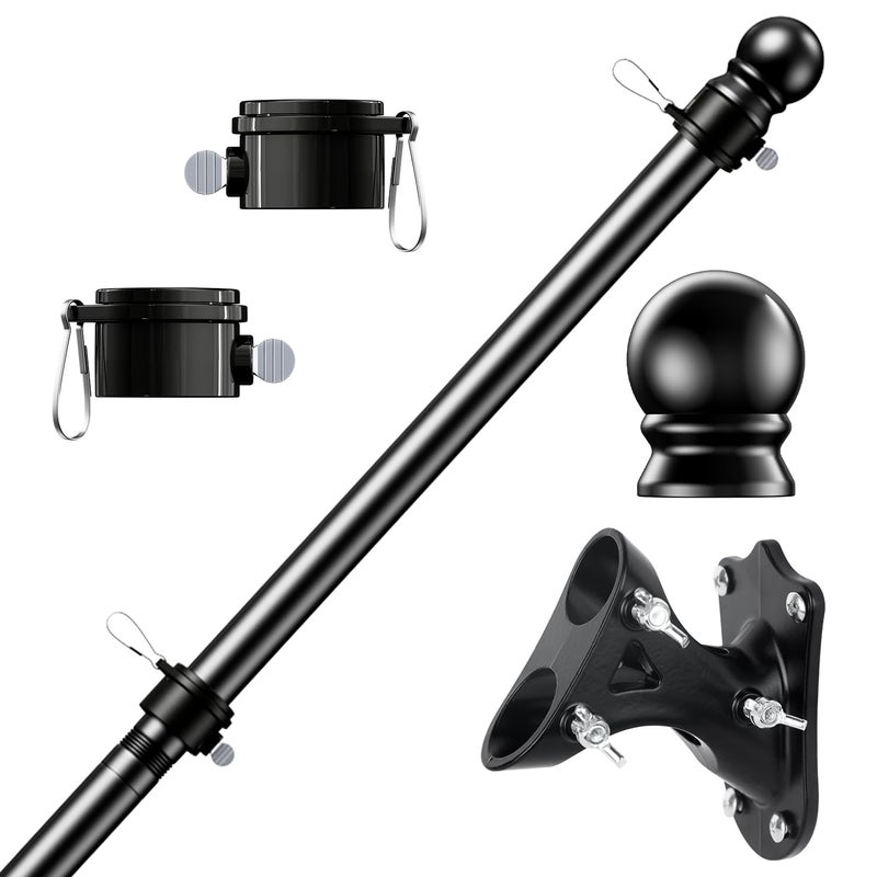 PHITRIC Flag Pole Kit, Tangle Free Spinning Stainless Steel Rustproof Flagpole for 3x5 Sports Fan Outdoor Flags for Outside House (Black, 5FT, with Bracket) - Image 1