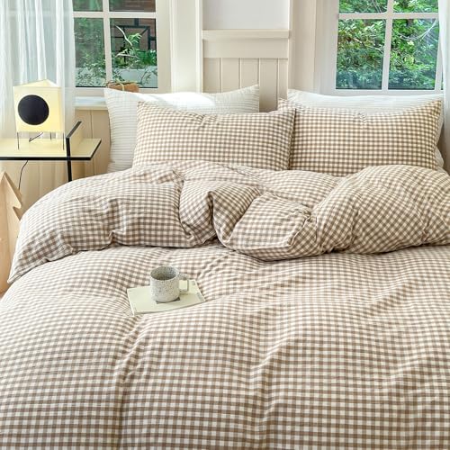 LifeTB Tan Gingham Grid Duvet Cover Queen 3 Pieces Beige Plaid Duvet Cover 100 Washed Cotton Boho Plaid Comforter Cover with 2 Pillowcases Farmhouse Checkered Gingham Bedding Set Queen