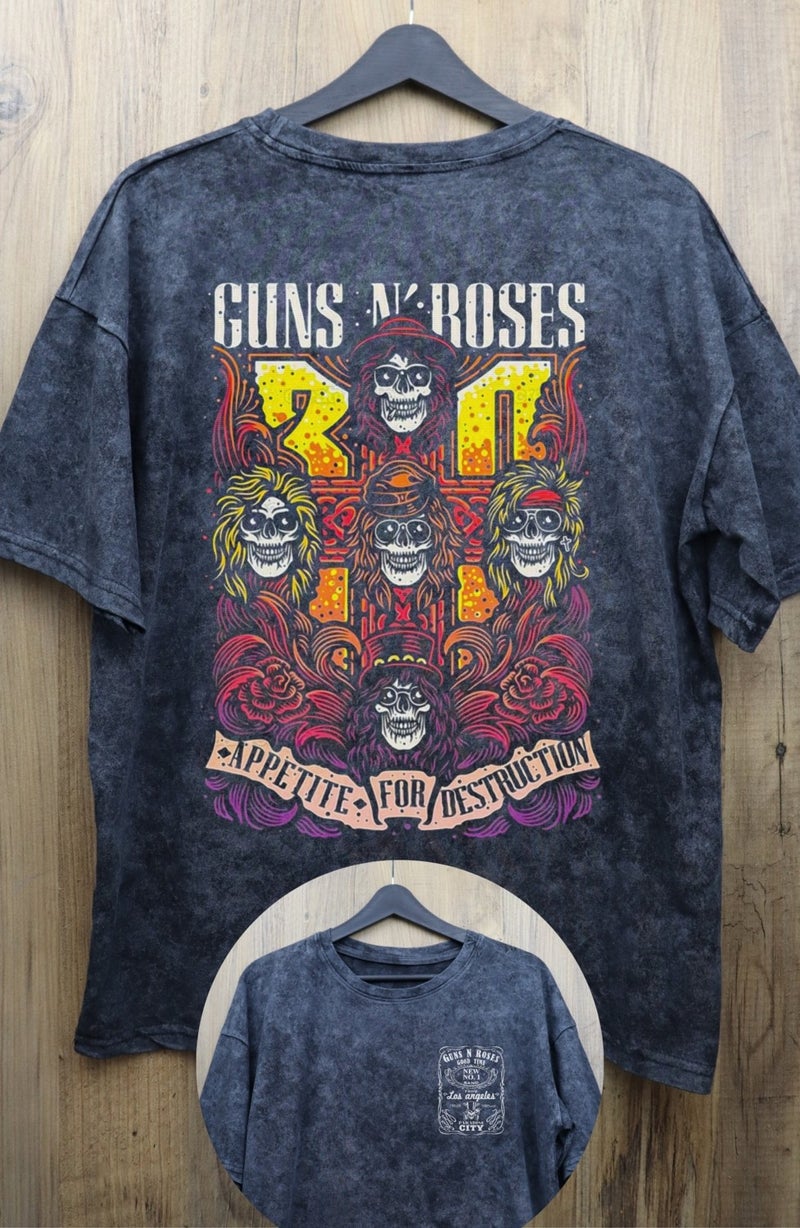Fuddy Fashion Unisex Guns N Roses Back Printed Washed T-Shirt, Oversize Rock-Metal Printed Vintage T-Shirt