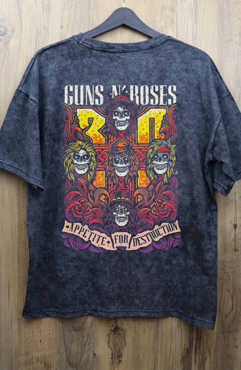 Fuddy Fashion Unisex Guns N Roses Back Printed Washed T-Shirt, Oversize Rock-Metal Printed Vintage T-Shirt