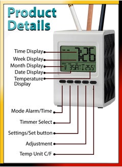 DBLEW Multifunctional Digital Clock With Pen Holder LCD Display Creative Student Adult Desk Table Alarm Clock Calendar Timer Temperature Desktop Storage Home School Office Supplies Organizer Pencil Pot  - Image 2