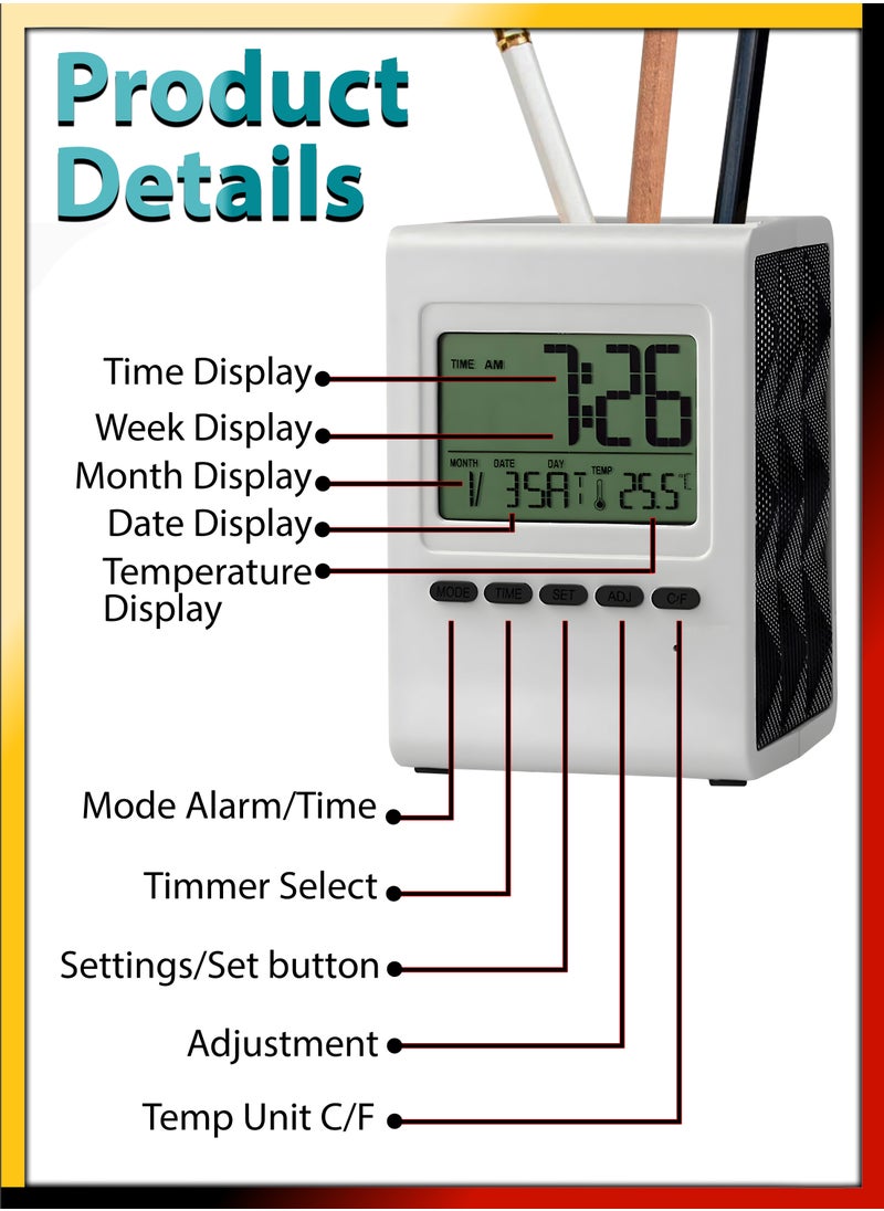 DBLEW Multifunctional Digital Clock With Pen Holder LCD Display Creative Student Adult Desk Table Alarm Clock Calendar Timer Temperature Desktop Storage Home School Office Supplies Organizer Pencil Pot  - Image 2