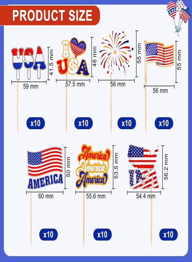 HOWAF 70pcs 4th of July American Flags Toothpick, USA Mini Stick Cupcake Toppers, Red White Blue Independence Day Cocktail Picks Fruits Sticks for US July 4th Patriotic Party Food Drink Decorations - Image 2