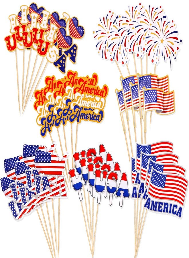 HOWAF 70pcs 4th of July American Flags Toothpick, USA Mini Stick Cupcake Toppers, Red White Blue Independence Day Cocktail Picks Fruits Sticks for US July 4th Patriotic Party Food Drink Decorations - Image 1