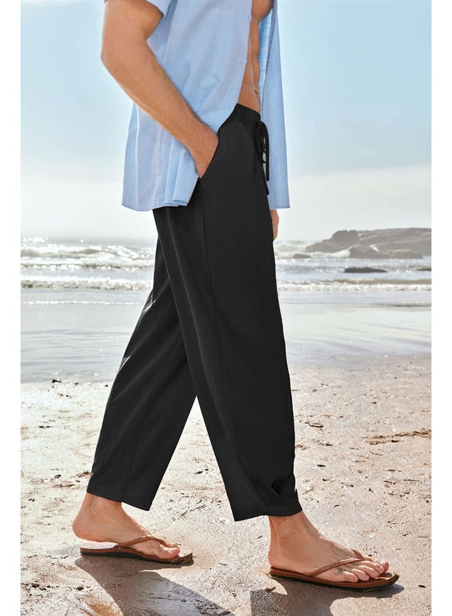 Gafeng Mens Linen Yoga Pants Elastic Waist Drawstring Summer Beach Loose Fit Casual Tapered Trousers, Black, L - Image 2