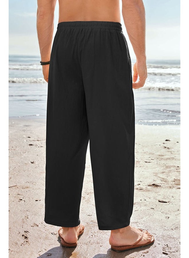 Gafeng Mens Linen Yoga Pants Elastic Waist Drawstring Summer Beach Loose Fit Casual Tapered Trousers, Black, L - Image 3