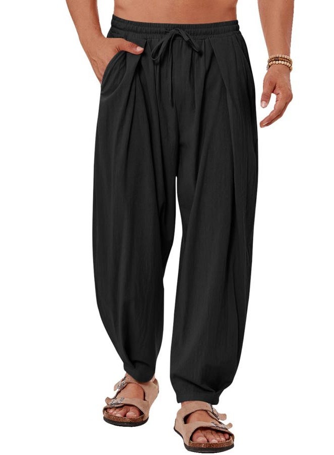 Gafeng Mens Linen Yoga Pants Elastic Waist Drawstring Summer Beach Loose Fit Casual Tapered Trousers, Black, L - Image 1