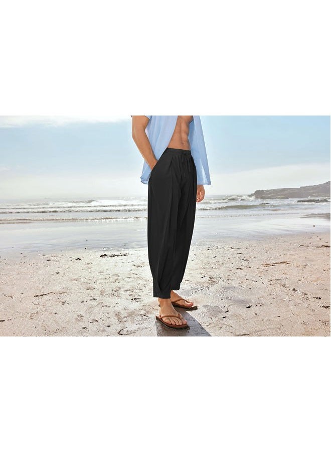Gafeng Mens Linen Yoga Pants Elastic Waist Drawstring Summer Beach Loose Fit Casual Tapered Trousers, Black, L - Image 4