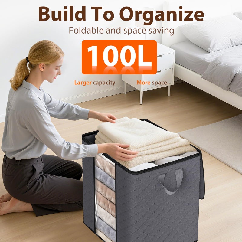 SpaceWhisper 3 Pack 100L Clothes Storage, Foldable Thick Fabric Blanket Storage Bags, Containers for Organizing Bedroom, Closet, Clothing, Comforter,Closet Organization with Handle,Grey - Image 5