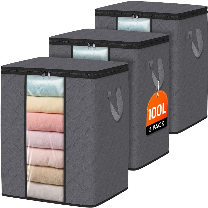 SpaceWhisper 3 Pack 100L Clothes Storage, Foldable Thick Fabric Blanket Storage Bags, Containers for Organizing Bedroom, Closet, Clothing, Comforter,Closet Organization with Handle,Grey - Image 1