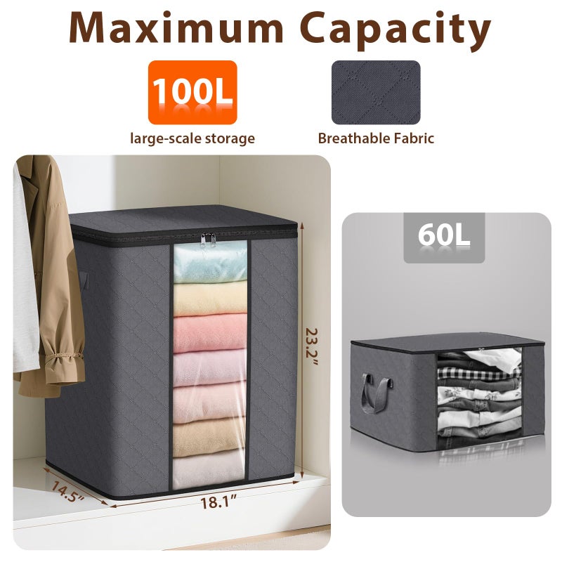 SpaceWhisper 3 Pack 100L Clothes Storage, Foldable Thick Fabric Blanket Storage Bags, Containers for Organizing Bedroom, Closet, Clothing, Comforter,Closet Organization with Handle,Grey - Image 2