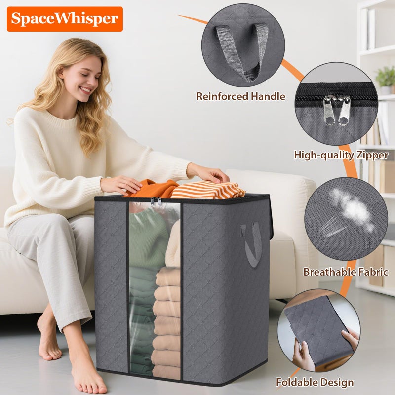 SpaceWhisper 3 Pack 100L Clothes Storage, Foldable Thick Fabric Blanket Storage Bags, Containers for Organizing Bedroom, Closet, Clothing, Comforter,Closet Organization with Handle,Grey - Image 3