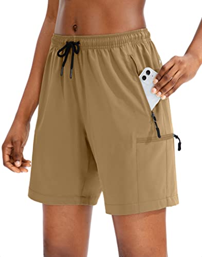 SANTINY Women's 5''/ 7''/9'' Hiking Cargo Shorts Quick Dry Lightweight Summer Shorts for Women Athletic Golf Zipper Pockets(Dark Khaki_L) - Image 1