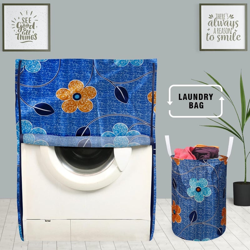 E-Retailer ERetailer Exclusive Polyester Combo Set of 1 Pc Front Load Washing Machine Cover and 1 Pc Foldable Laundry Bag ColorBlue DesignFloral Set Contains2 Pcs - Image 1