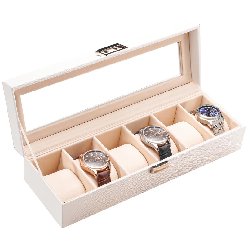ProCase Watch Box, 6 Slot Mens Watch Case, Watch Storage Holder Organizer, Watch Display Case with Glass Lid, Anniversary Birthday Valentine Gifts for Men Women -6 Slot, White - Image 1