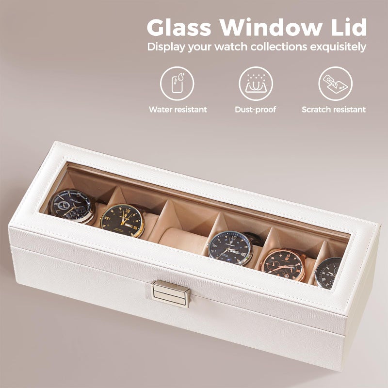 ProCase Watch Box, 6 Slot Mens Watch Case, Watch Storage Holder Organizer, Watch Display Case with Glass Lid, Anniversary Birthday Valentine Gifts for Men Women -6 Slot, White - Image 4
