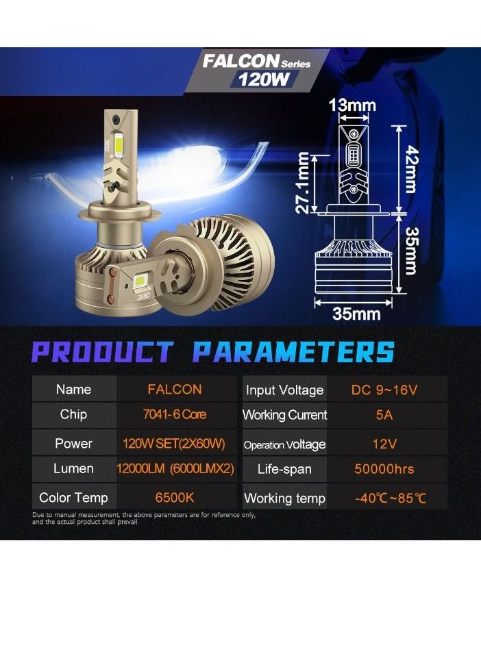 DXB-C FALCON 9005/HB3 LED Car Headlight Bulbs, 120W 12000LM 300% Extremely Bright Light, 6500K Cool White LED Bulb for Low Beam and High Beam Headlights, Plug and Play, IP68 - Pack of 2 - Image 3