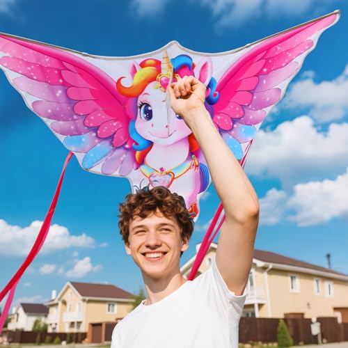 YFAFENGS YFAFENG 56" Giant Unicorn Kite for Adult, Easy Fly Rainbow Beach Kite with Long Tail, Durable Activities Toys for Ages 12+ Easter and Birthday Gift for All Ages - Image 4