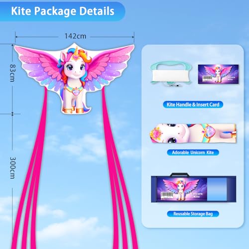 YFAFENGS YFAFENG 56" Giant Unicorn Kite for Adult, Easy Fly Rainbow Beach Kite with Long Tail, Durable Activities Toys for Ages 12+ Easter and Birthday Gift for All Ages - Image 2
