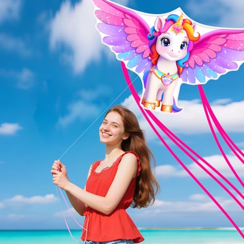 YFAFENGS YFAFENG 56" Giant Unicorn Kite for Adult, Easy Fly Rainbow Beach Kite with Long Tail, Durable Activities Toys for Ages 12+ Easter and Birthday Gift for All Ages - Image 5