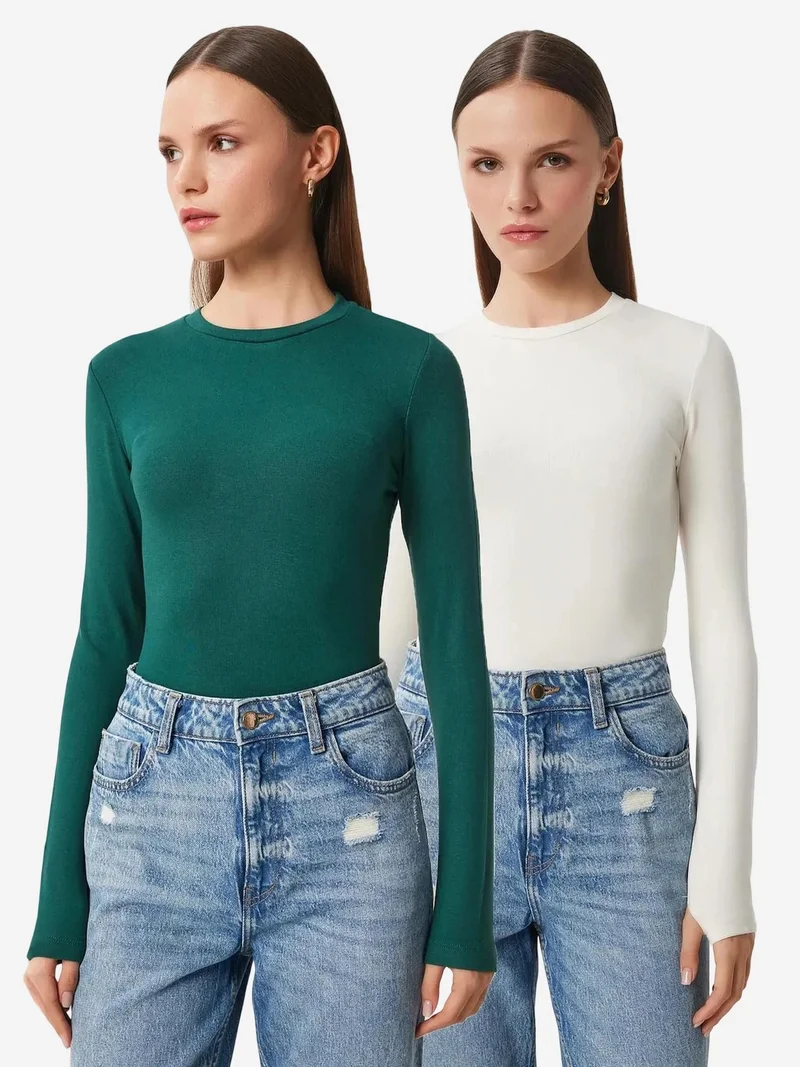 إسطنبول الساحرة ISTANBUL Fitted Long Sleeve Crew Neck 2-Pack Blouse