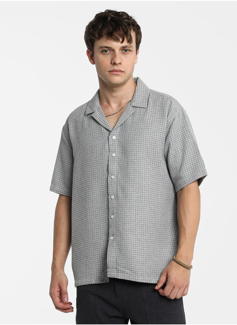Campus Sutra Men's Moon Grey Waffle Knit Oversized Shirt