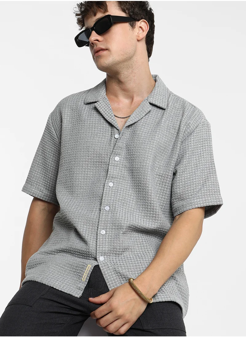 Campus Sutra Men's Moon Grey Waffle Knit Oversized Shirt