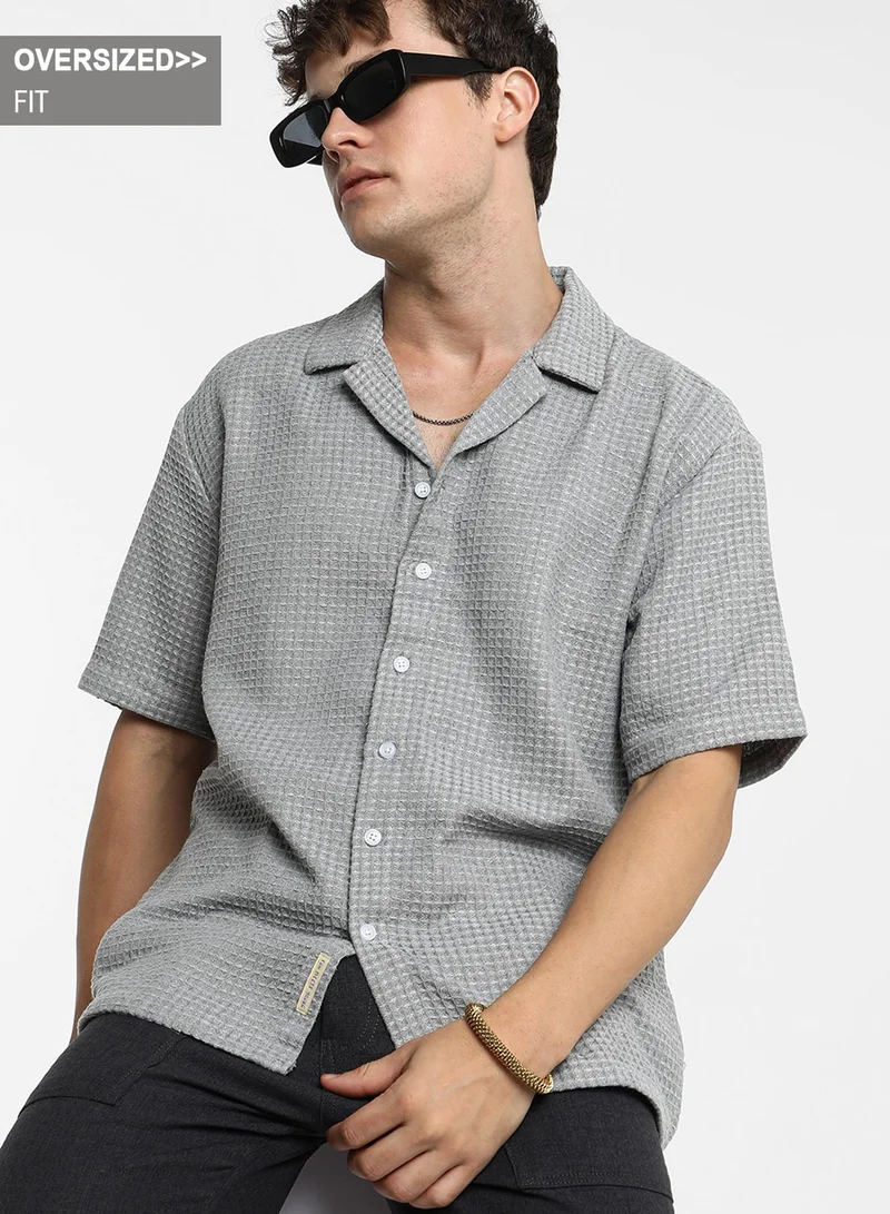 Campus Sutra Men's Moon Grey Waffle Knit Oversized Shirt