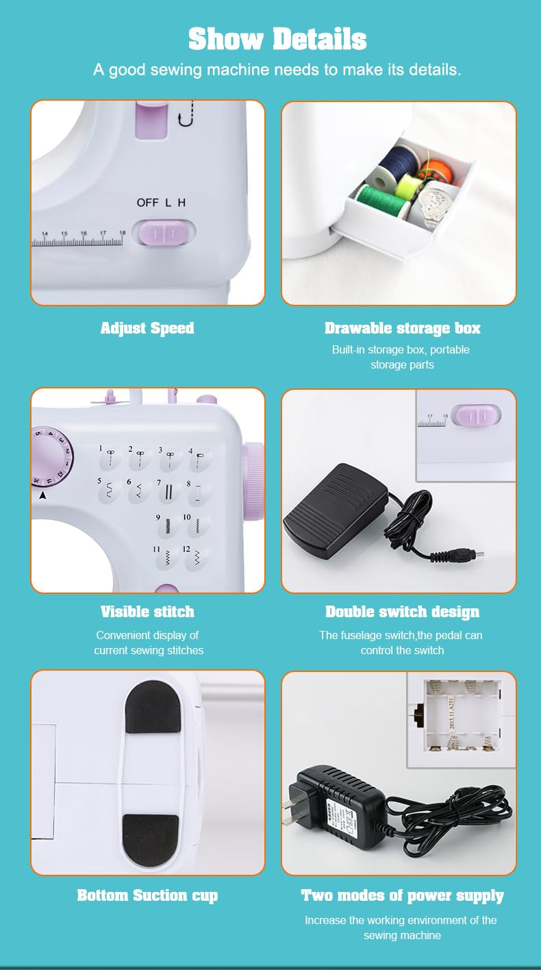Marirao Sewing Machine for Beginners, Portable Mini Small Sewing Machine with 50 Pcs Fabric and 32 Pcs Sewing Threads Kit, 12 Built-in Stitches 2 Speed with Foot Pedal - Image 3