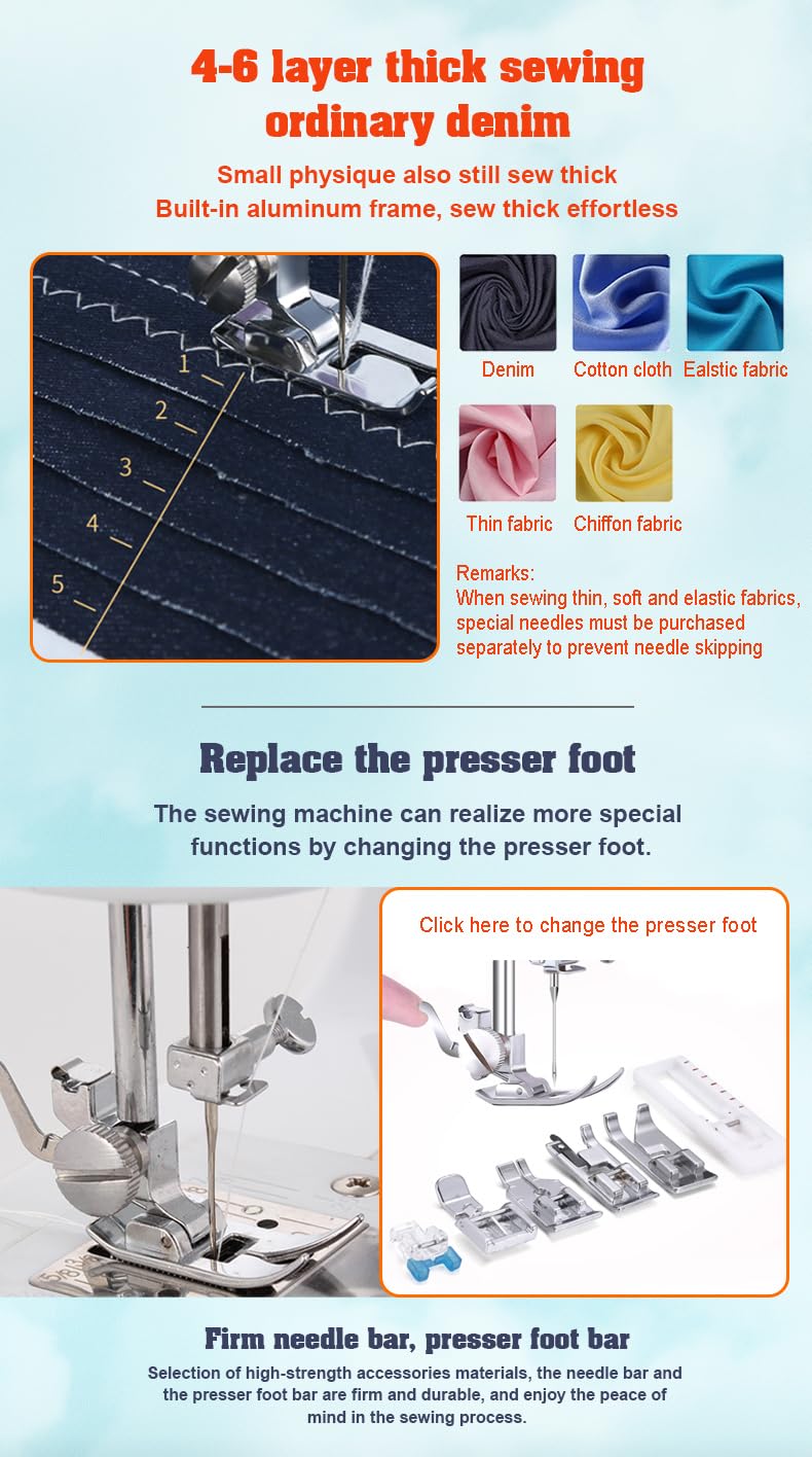 Marirao Sewing Machine for Beginners, Portable Mini Small Sewing Machine with 50 Pcs Fabric and 32 Pcs Sewing Threads Kit, 12 Built-in Stitches 2 Speed with Foot Pedal - Image 4