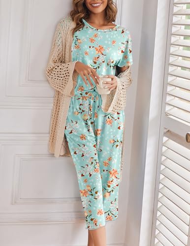 Ekouaer Womens Capri Pajama Sets Print Short Sleeve Sleepwear Top and Capri Pants Soft Loungewear with Pocket Green Flowers XL - Image 3