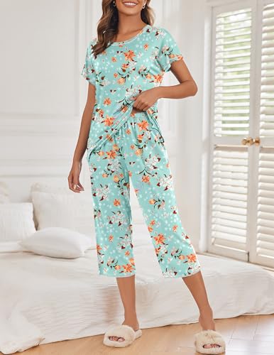 Ekouaer Womens Capri Pajama Sets Print Short Sleeve Sleepwear Top and Capri Pants Soft Loungewear with Pocket Green Flowers XL - Image 2