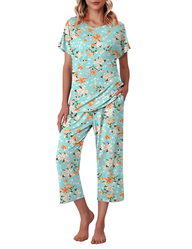 Ekouaer Womens Capri Pajama Sets Print Short Sleeve Sleepwear Top and Capri Pants Soft Loungewear with Pocket Green Flowers XL - Image 5